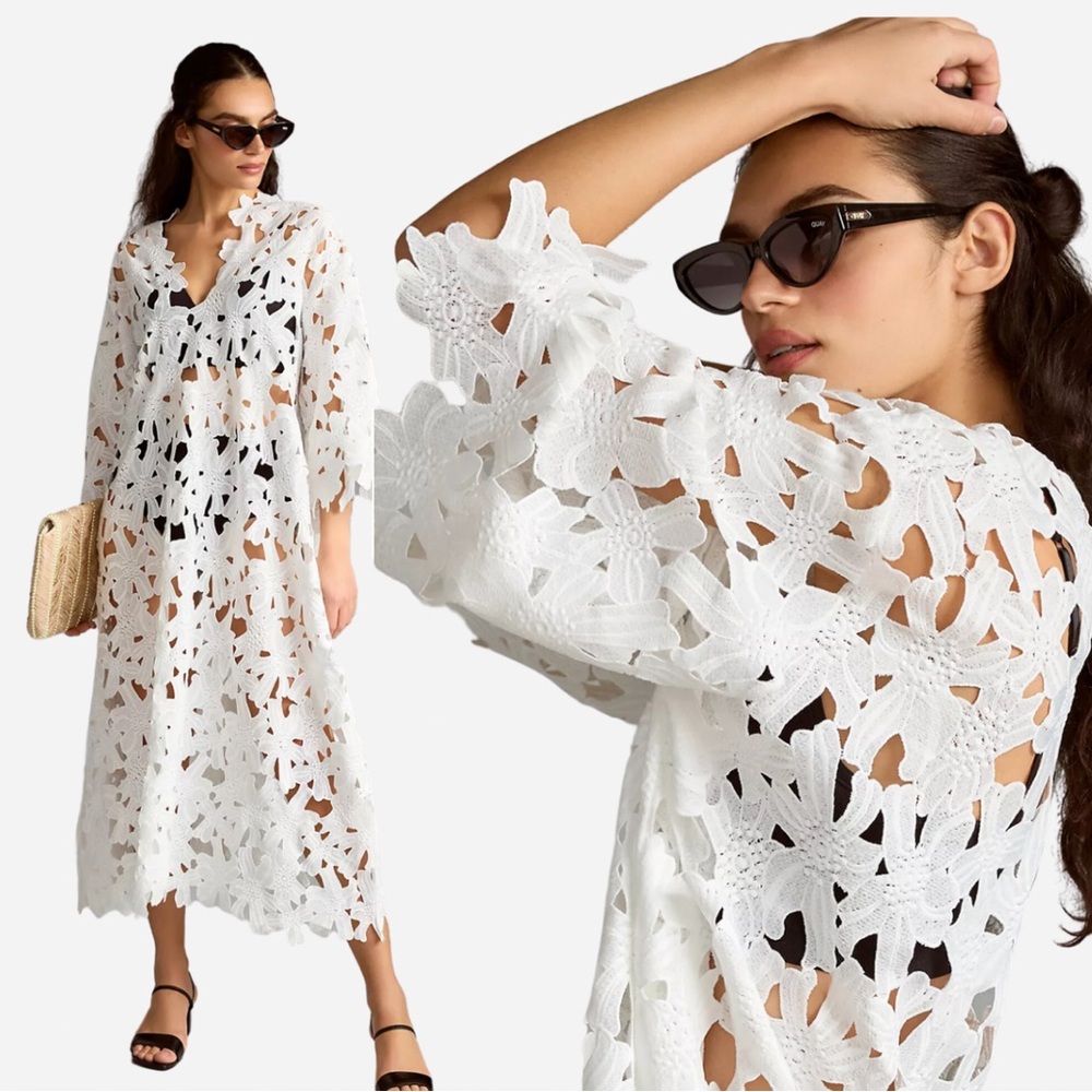 Anthropologie | 4our Dreamers | Floral Eyelet Kaftan | Dress | White | M